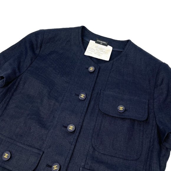 CHANEL Vintage CC Mark Button Linen Jacket Skirt Set #40 Dark Blue [102994] - Picture 7 of 12